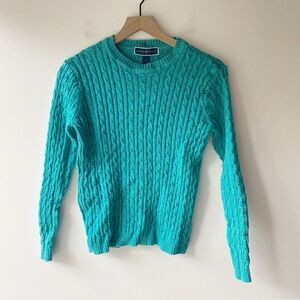 karen scott teal green cable knit pullover crew neck fitted sweater size s small